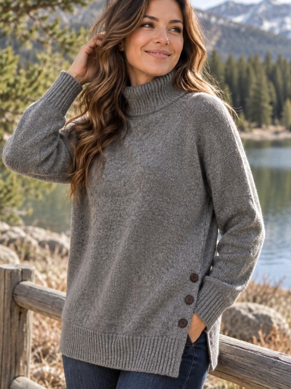 Garnet Hill 100% Cashmere Turtleneck Sweater Womens L Gray Oversized Side Button